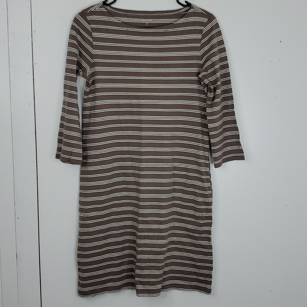 Garnet Hill Dress Striped 3/4 Sleeve Shift Pockets Scoop Neck Brown Womens 02